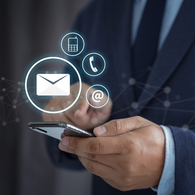 Professional mobile communication and digital contact symbols.