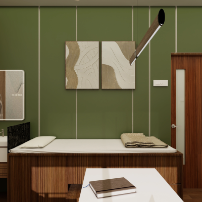 Modern clinic exam room or spa treatment room featuring an olive green accent wall, wooden examination bed, vanity sink, and abstract wall art.