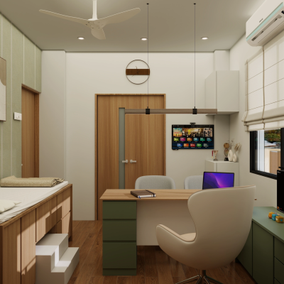 Modern doctor's consultation office featuring a wooden desk, executive chair, side examination bed, and muted green cabinets.
