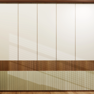 Minimalist floor-to-ceiling wardrobe featuring a three-tier panel design with off-white, natural wood grain, and light green textured finishes.
