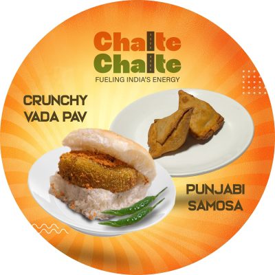 Circular advertisement graphic for Chalte Chalte brand featuring plates of crunchy vada pav with green chilies and traditional Punjabi samosas on an orange sunburst background.