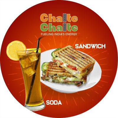 Circular advertisement graphic for Chalte Chalte brand featuring a tall glass of iced soda with a lemon slice alongside a grilled panini sandwich on a red background.