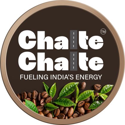 Circular logo graphic for Chalte Chalte brand featuring the tagline "Fueling India's Energy" above fresh green tea leaves and roasted coffee beans on a dark brown background.